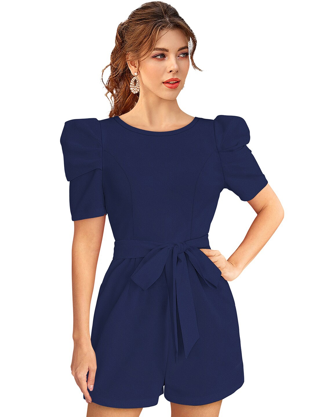 

BAESD Puff Sleeves Waist Tie-Ups Cotton Playsuit, Blue