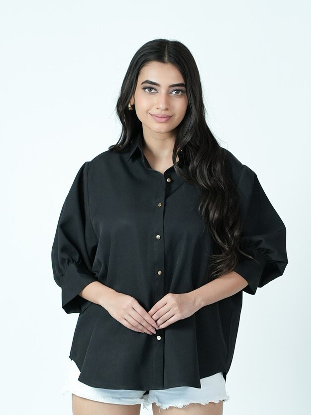 

KINA Custom Puff Sleeves Linen Oversized Casual Shirt, Black