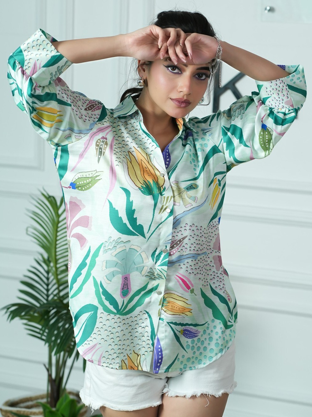 

KINA Custom Floral Printed Spread Collar Casual Shirt, Green