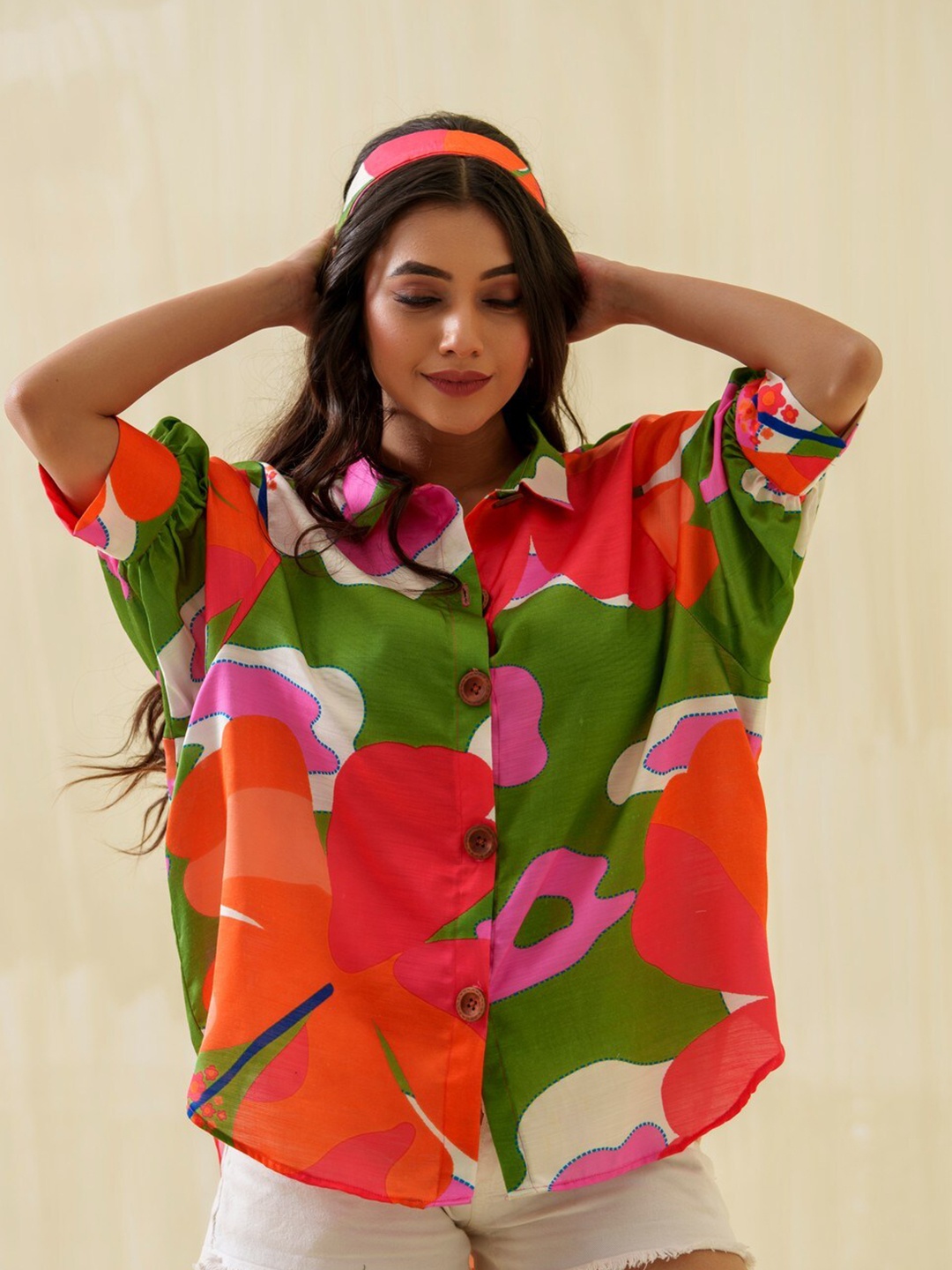 

KINA Custom Abstract Printed Spread Collar Casual Shirt, Green