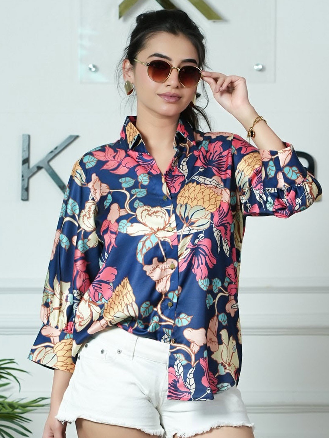 

KINA Custom Floral Printed Spread Collar Casual Shirt, Blue