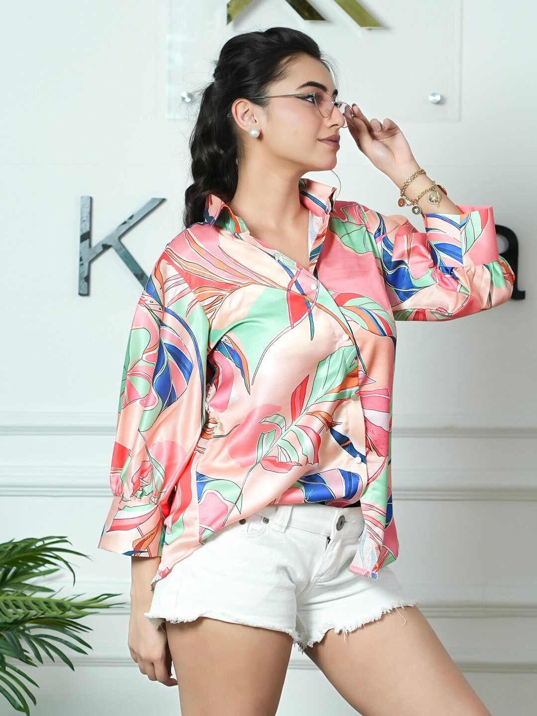 

KINA Custom Floral Printed Spread Collar Casual Shirt, Pink