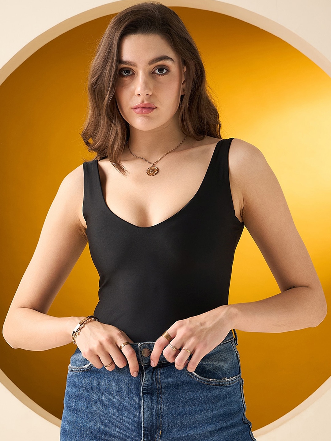 COLOR CAPITAL Plunge Neckline Bodysuit, Black