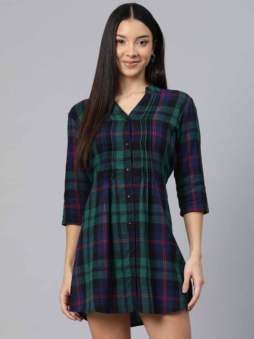 

One Femme Checked Mandarin Collar Shirt Mini Dress, Green