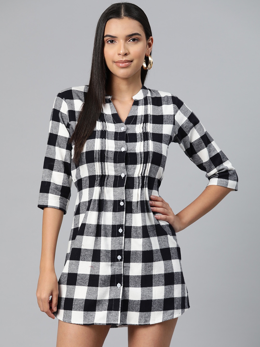 

One Femme Checked Mandarin Collar Shirt Mini Dress, Black