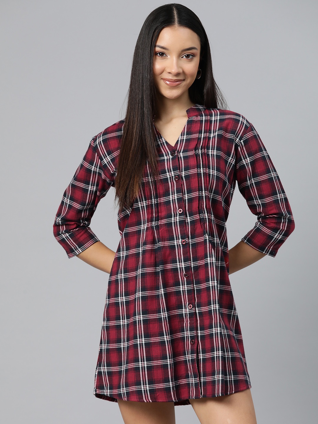

One Femme Checked Mandarin Collar Shirt Mini Dress, Maroon