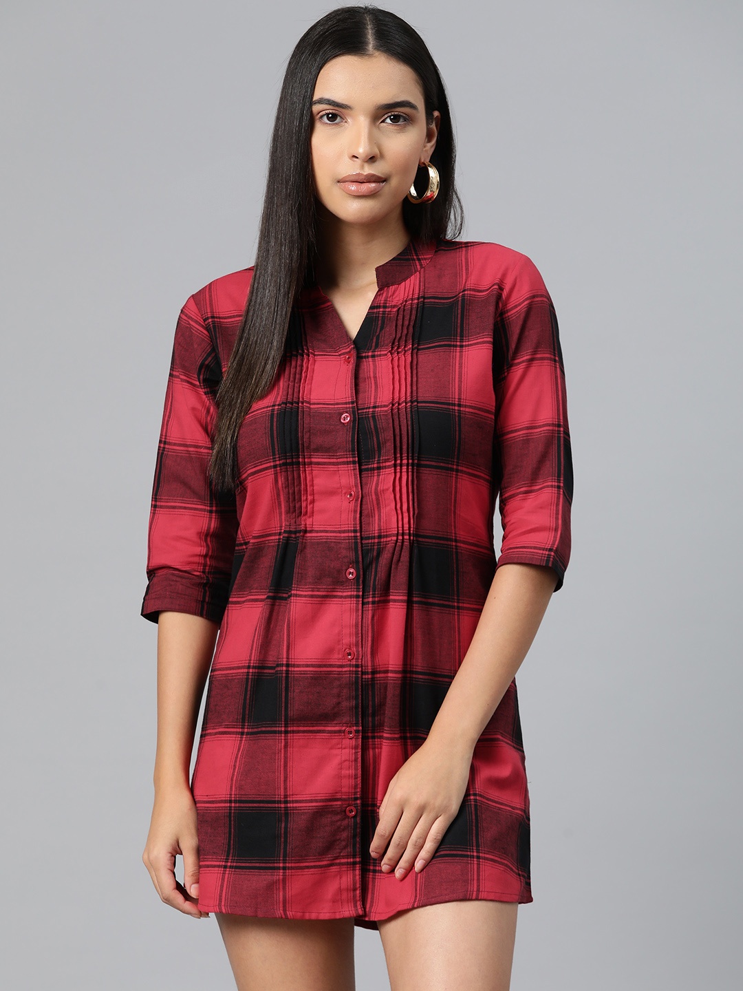 

One Femme Checked Mandarin Collar Shirt Mini Dress, Red