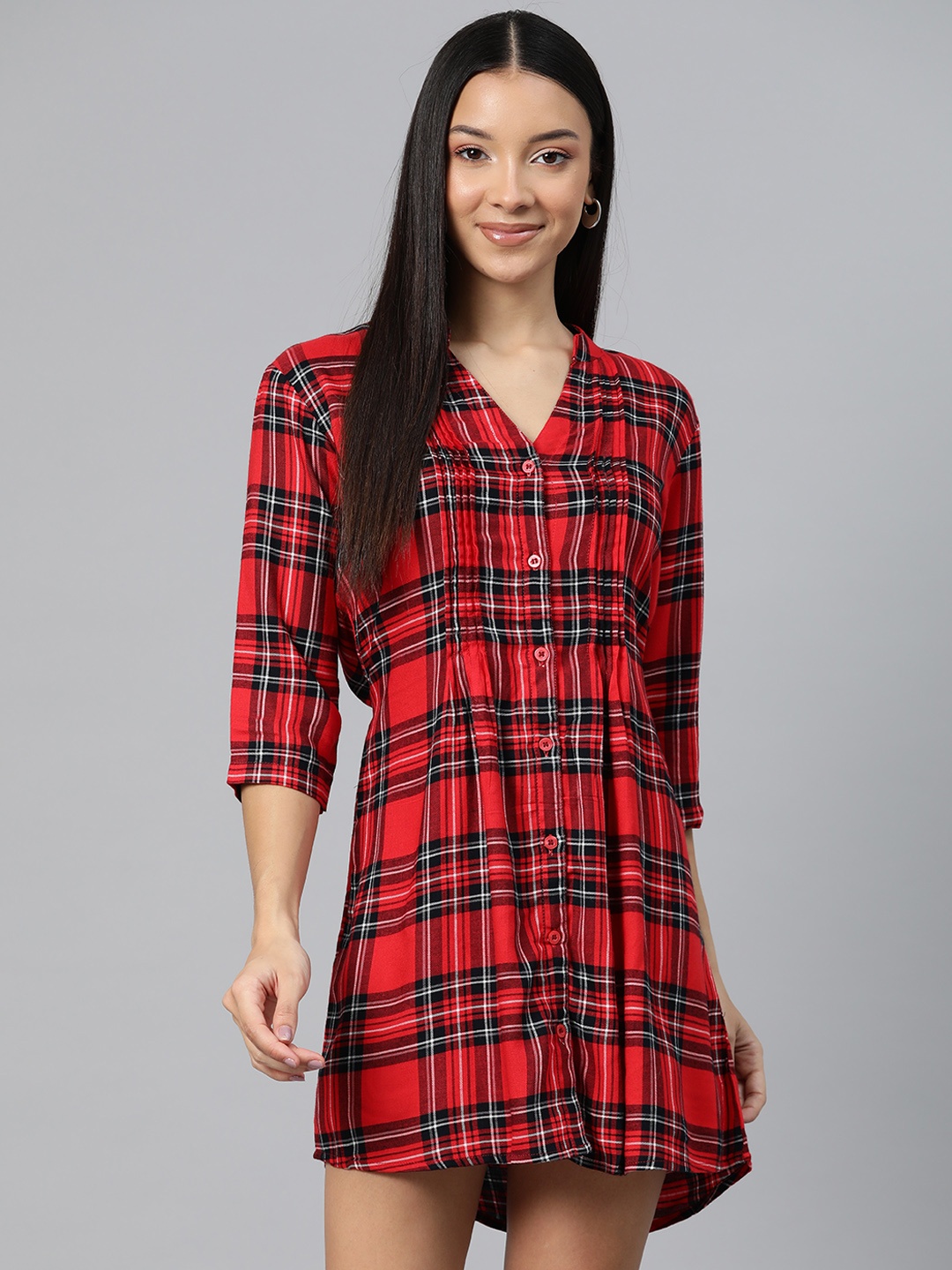 

One Femme Checked Mandarin Collar Shirt Mini Dress, Red