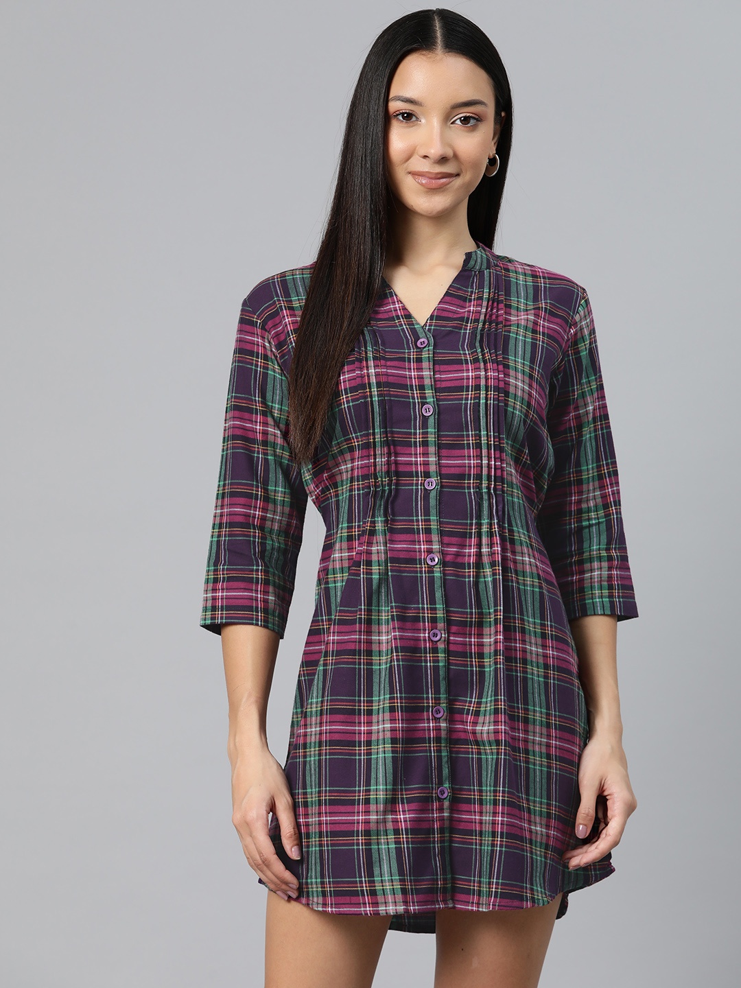 

One Femme Checked Mandarin Collar Shirt Mini Dress, Multi