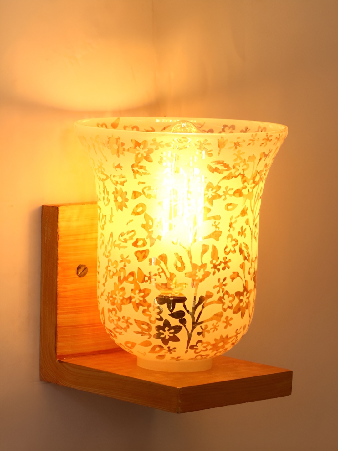 

1ST TIME White & Gold Toned Floral Printed Glass Bell Shaped Wall Lamp