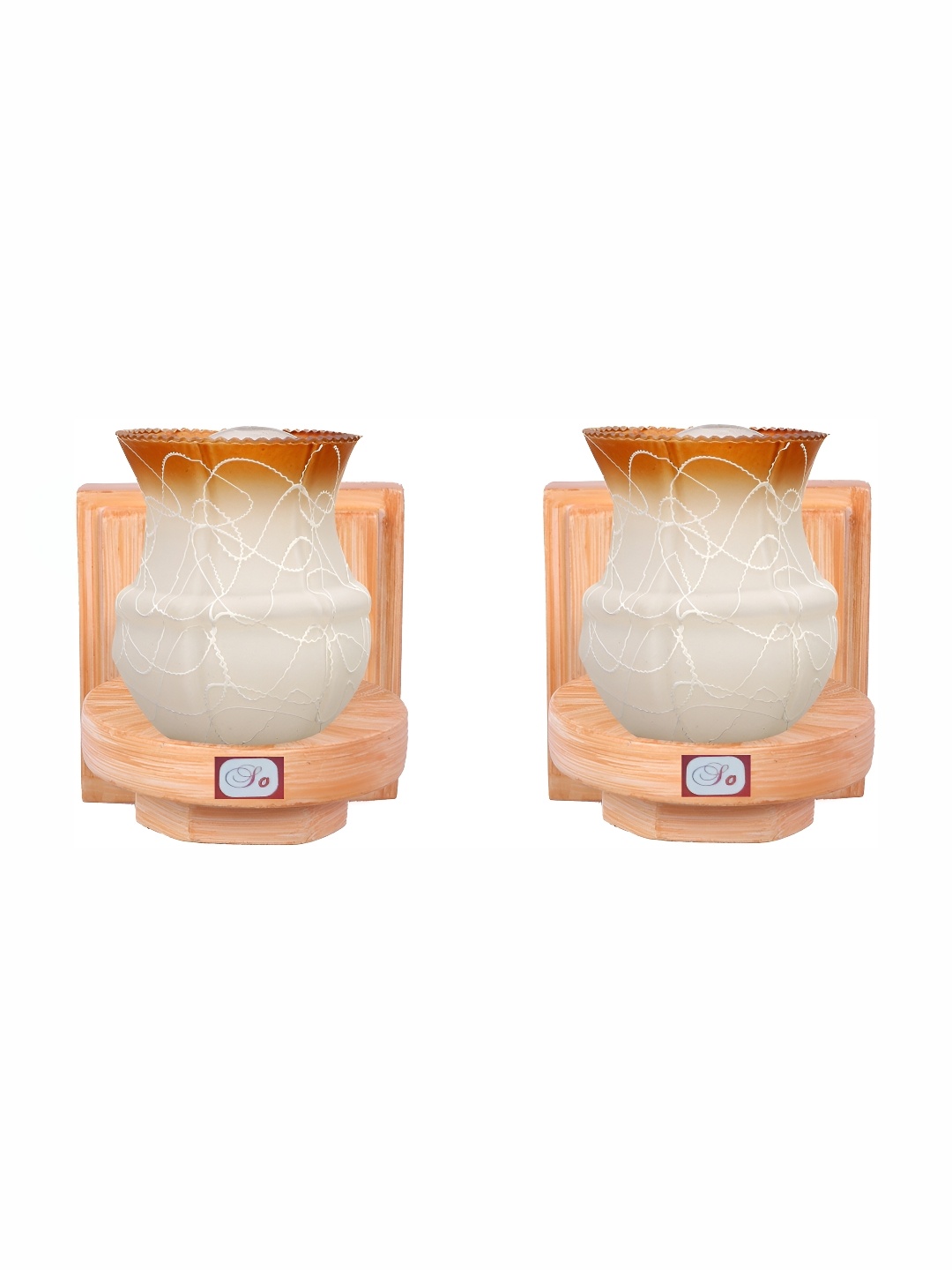 1ST TIME White & Brown 2 Pcs Printed Glass Wall Lamps