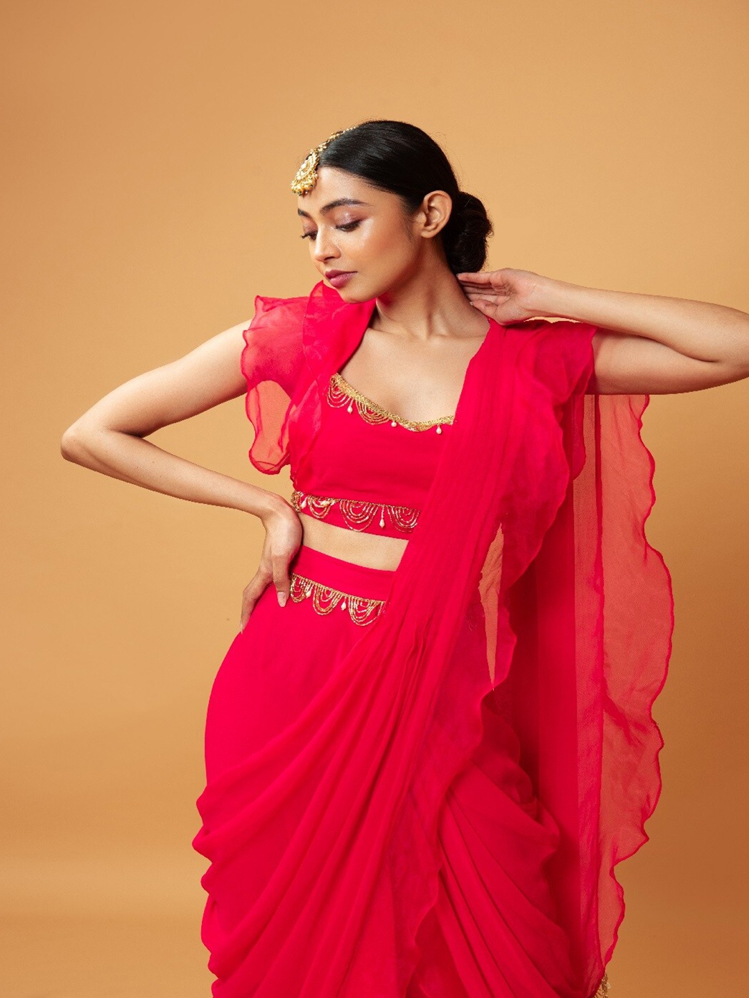 

Quench A Thirst Pure Georgette Ruffles Saree, Pink