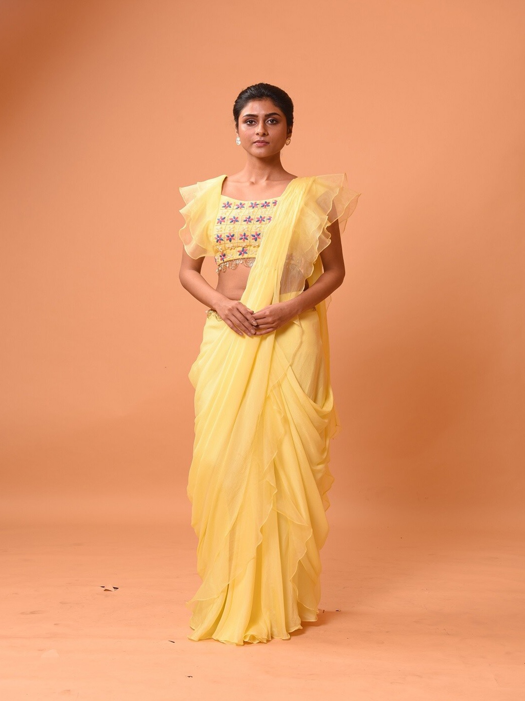 

Quench A Thirst Pure Georgette Ready to Wear Saree, Yellow
