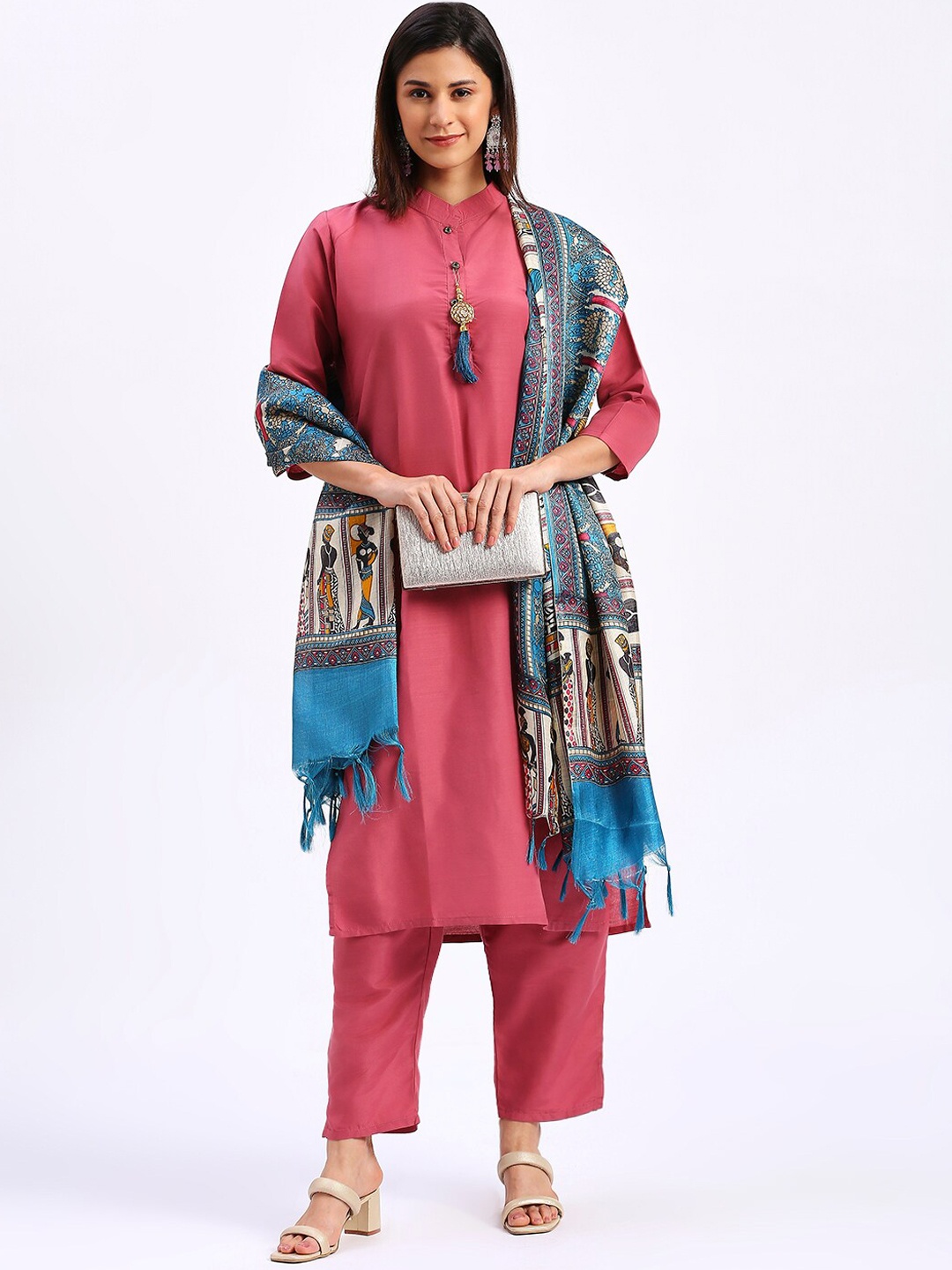 

S.K.C Mandarin Collar Straight Kurta & Pyjamas With Dupatta, Pink