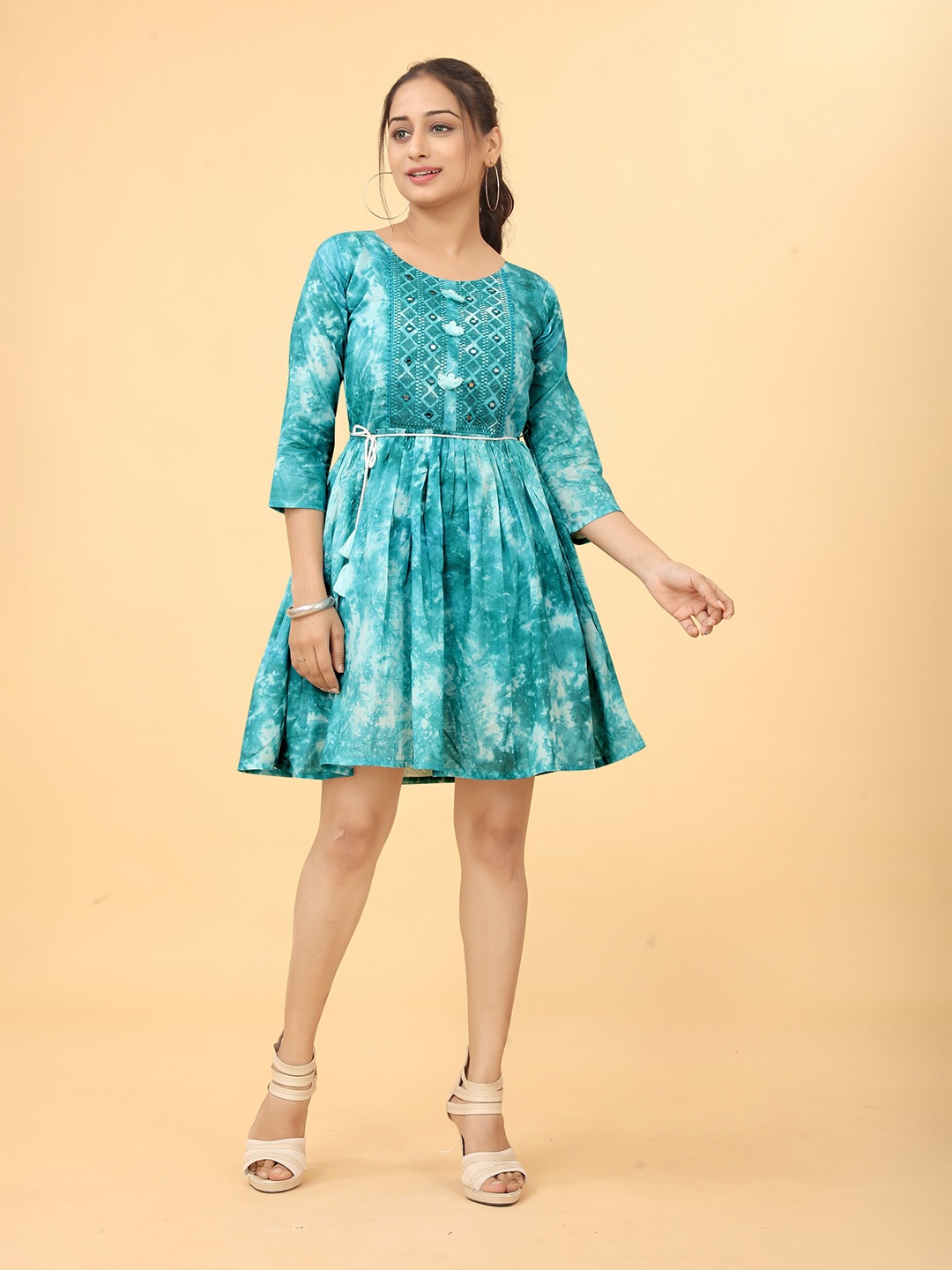 

Puretouch Printed Three-Quarter Sleeves Round Neck Cotton Mini Dresses, Blue
