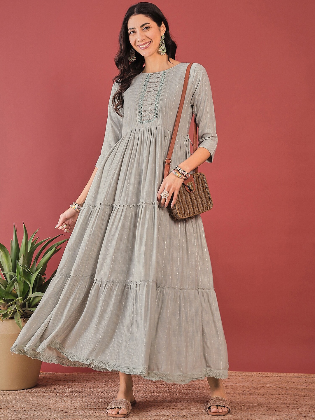 

Anouk Embroidered Round Neck Fit & Flare Tiered Maxi Dress, Grey