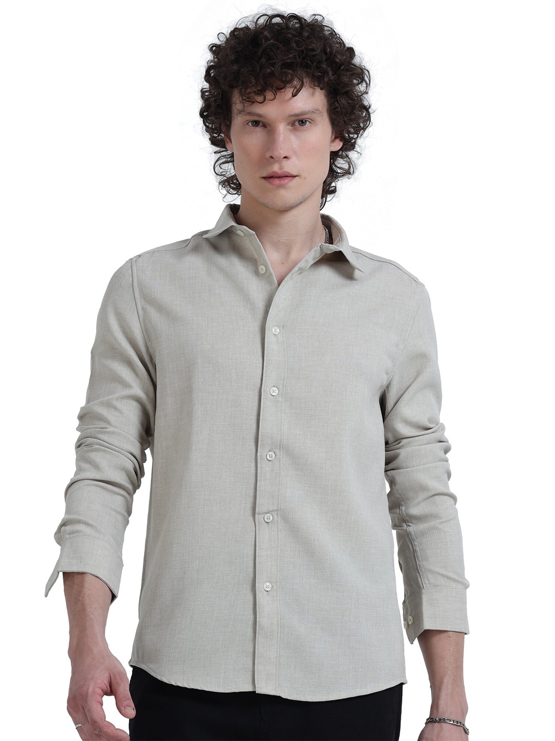 

BADMAASH Spread Collar Linen Curved Slim Fit Casual Shirt, Beige