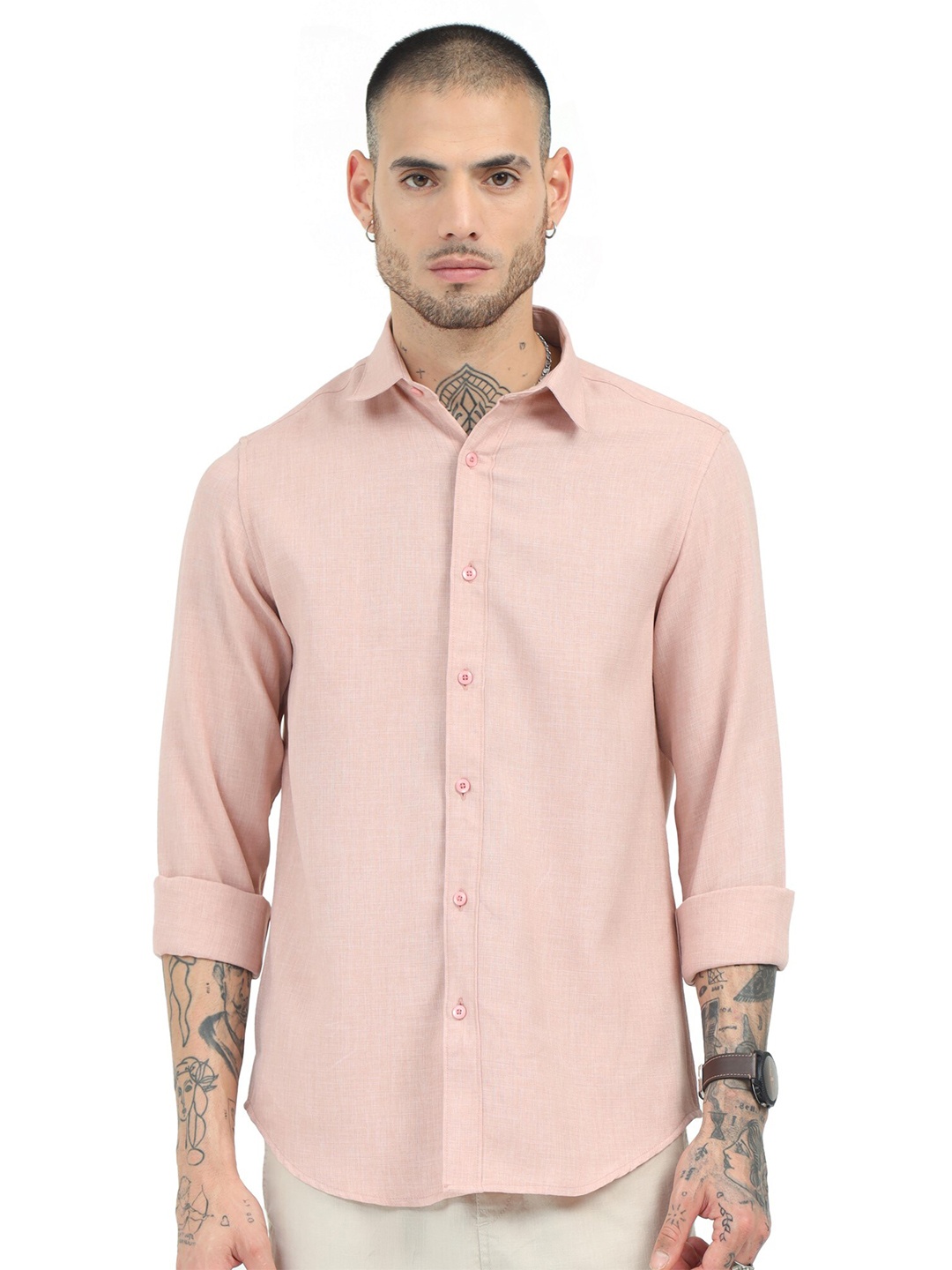 

BADMAASH Spread Collar Linen Curved Slim Fit Casual Shirt, Peach