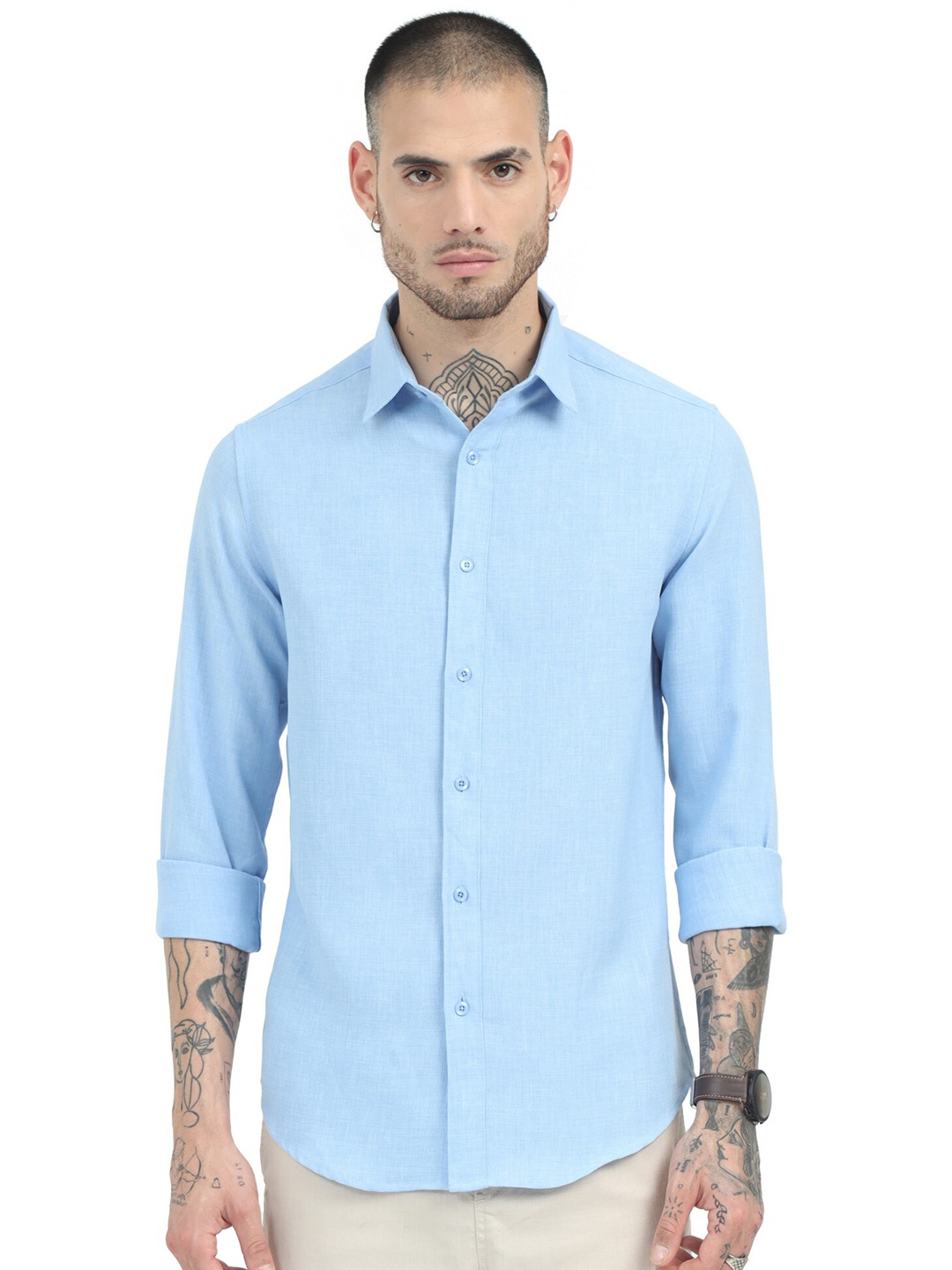 

BADMAASH Spread Collar Linen Curved Slim Fit Casual Shirt, Blue