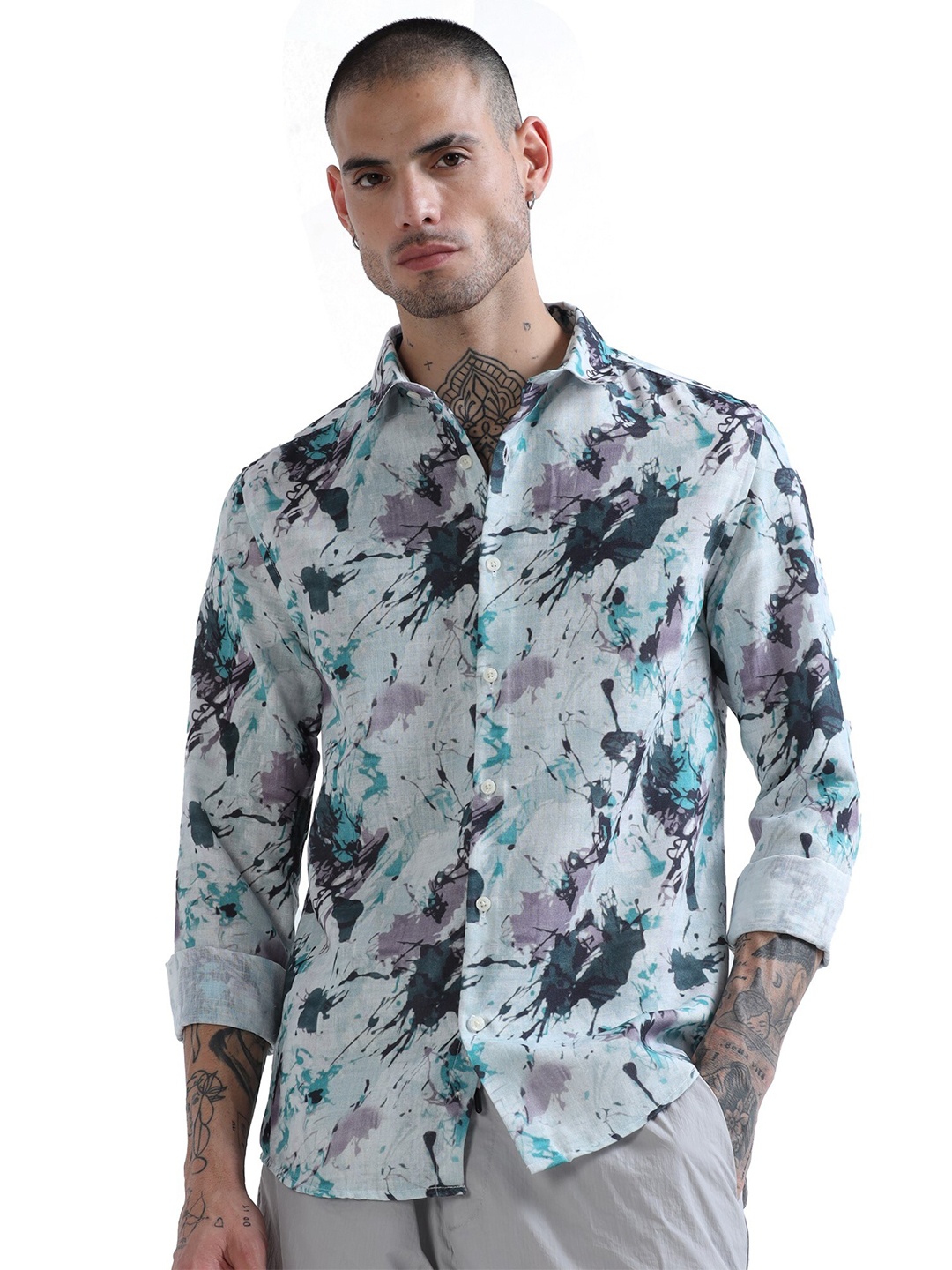 

BADMAASH Spread Collar Long Sleeves Slim Fit Floral Printed Casual Shirt, Green