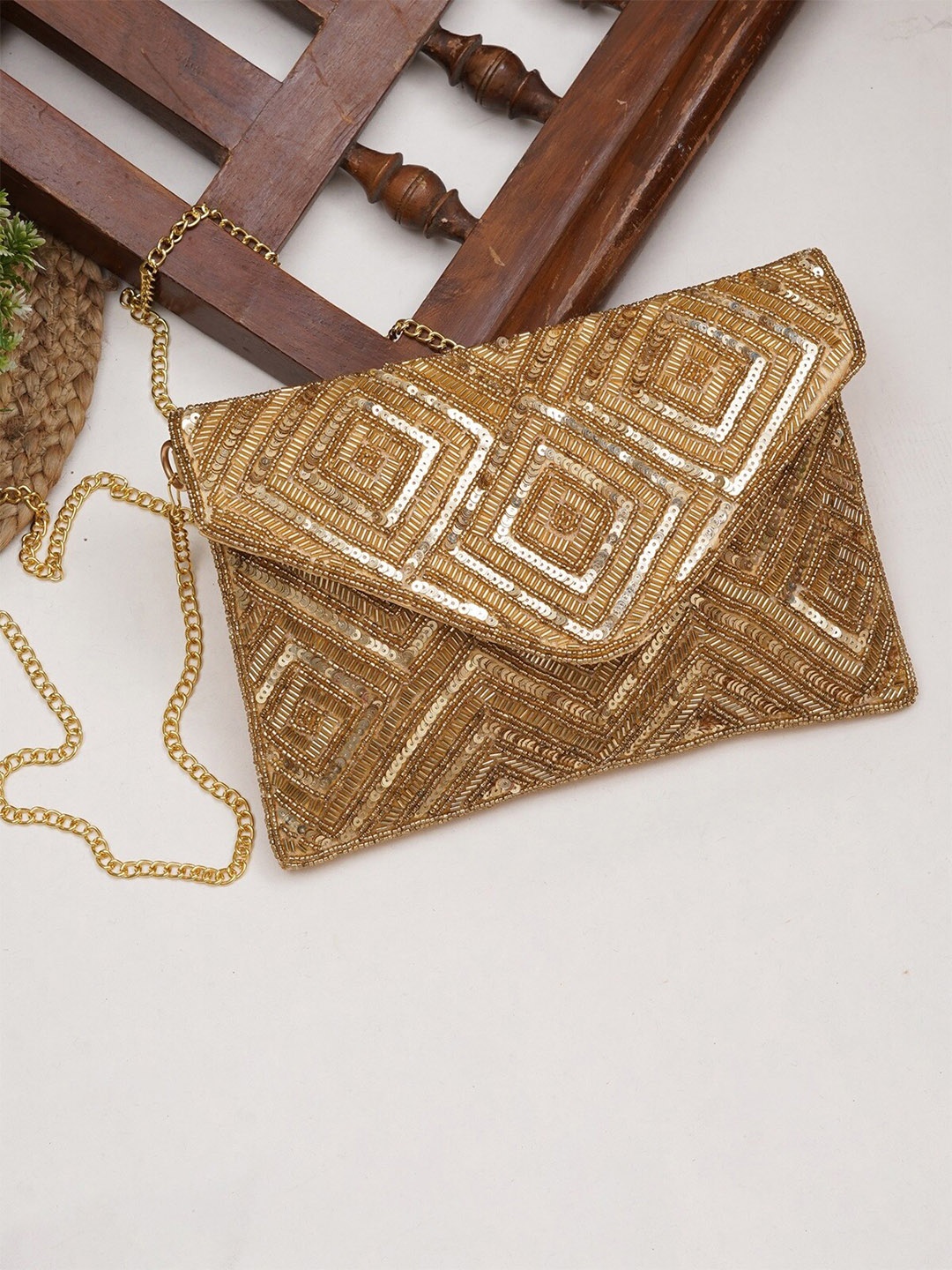 

FABBHUE Embellished Pure Cotton Envelope Clutch, Gold