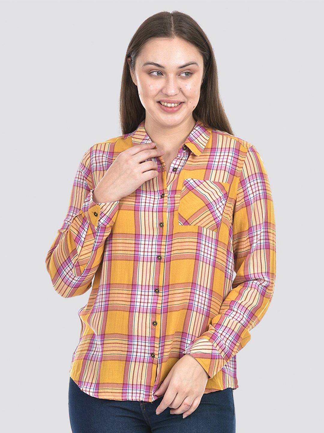 

Numero Uno Women Checkered Regular Fit Shirt, Yellow