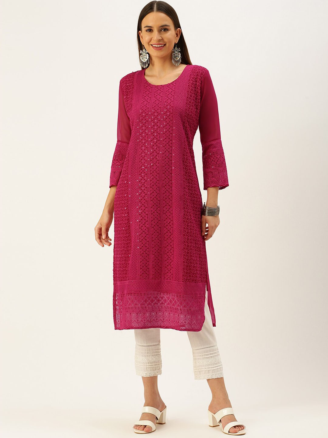 

all about you Pink Geometric Embroidered Thread Work Georgette Straight Kurta