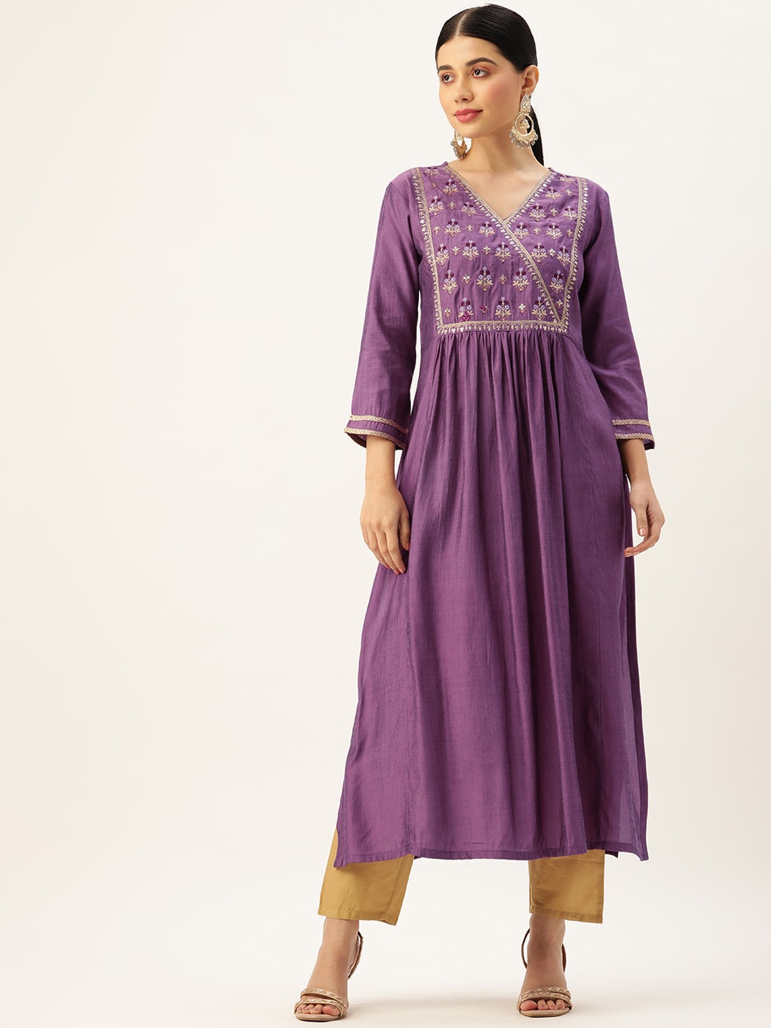 

all about you Purple Floral Yoke Design V-Neck Thread Work A-Line Kurta