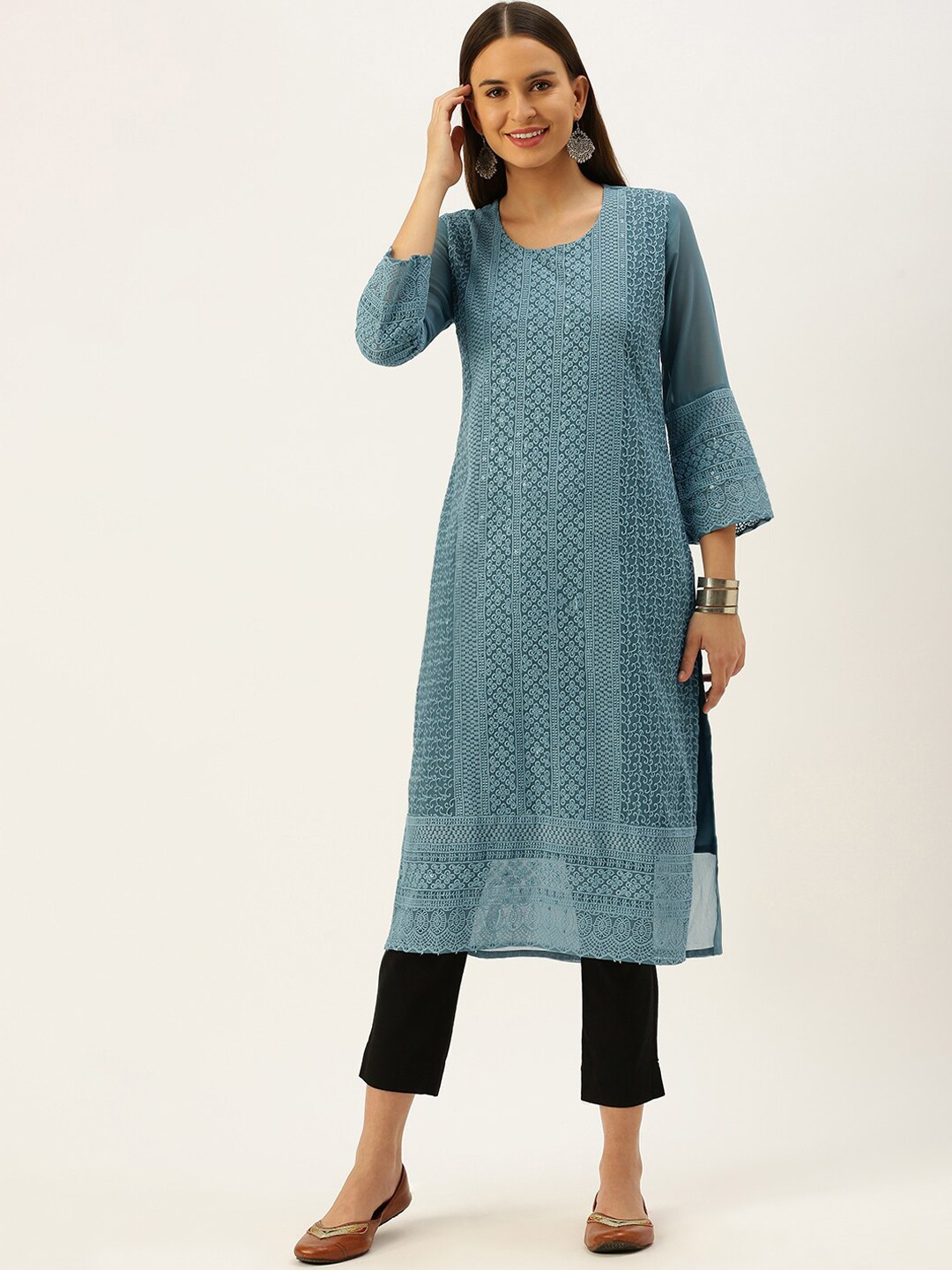 

all about you Grey Geometric Embroidered Thread Work Georgette Straight Kurta