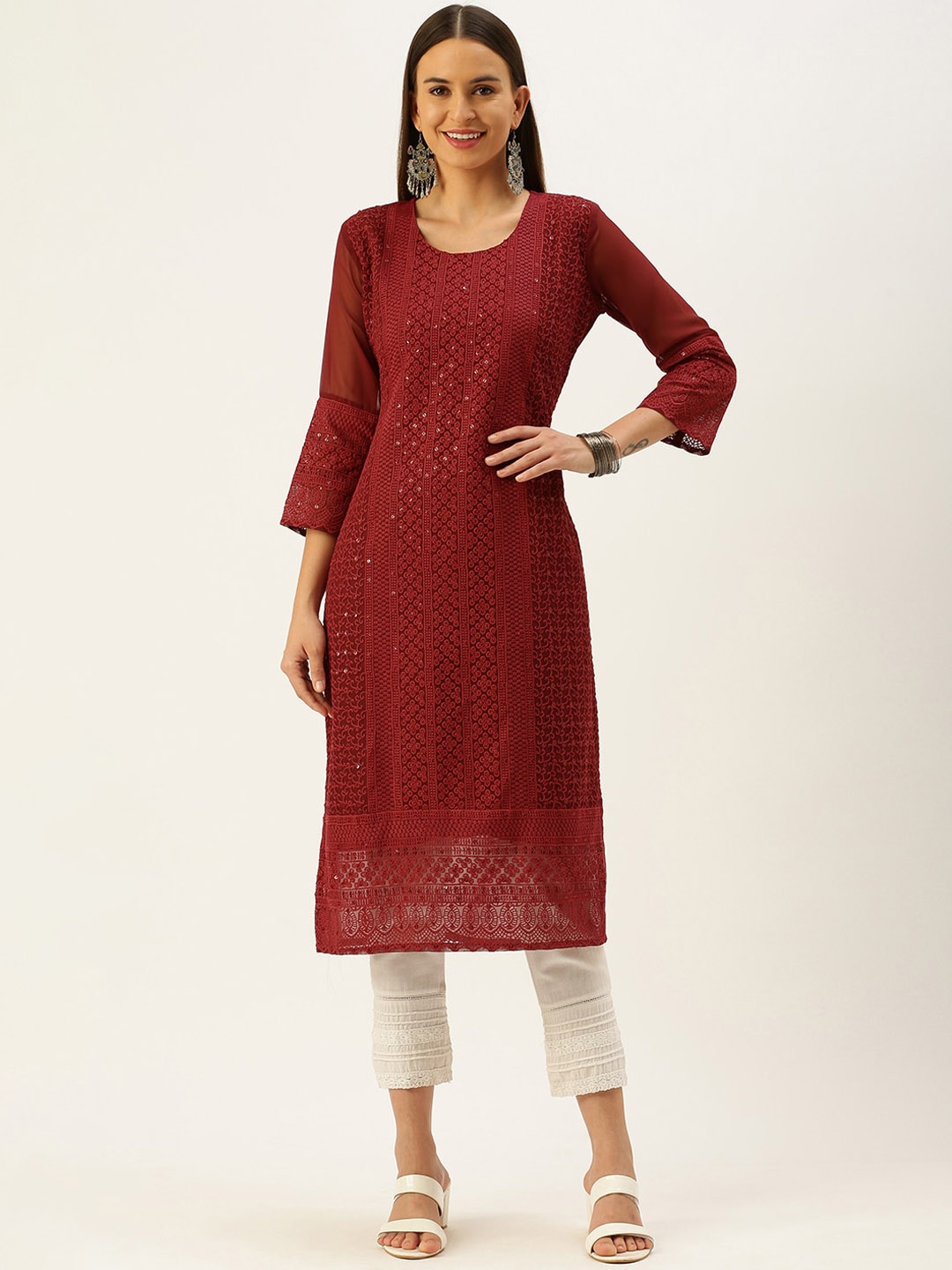 

all about you Maroon Geometric Embroidered Thread Work Georgette Straight Kurta