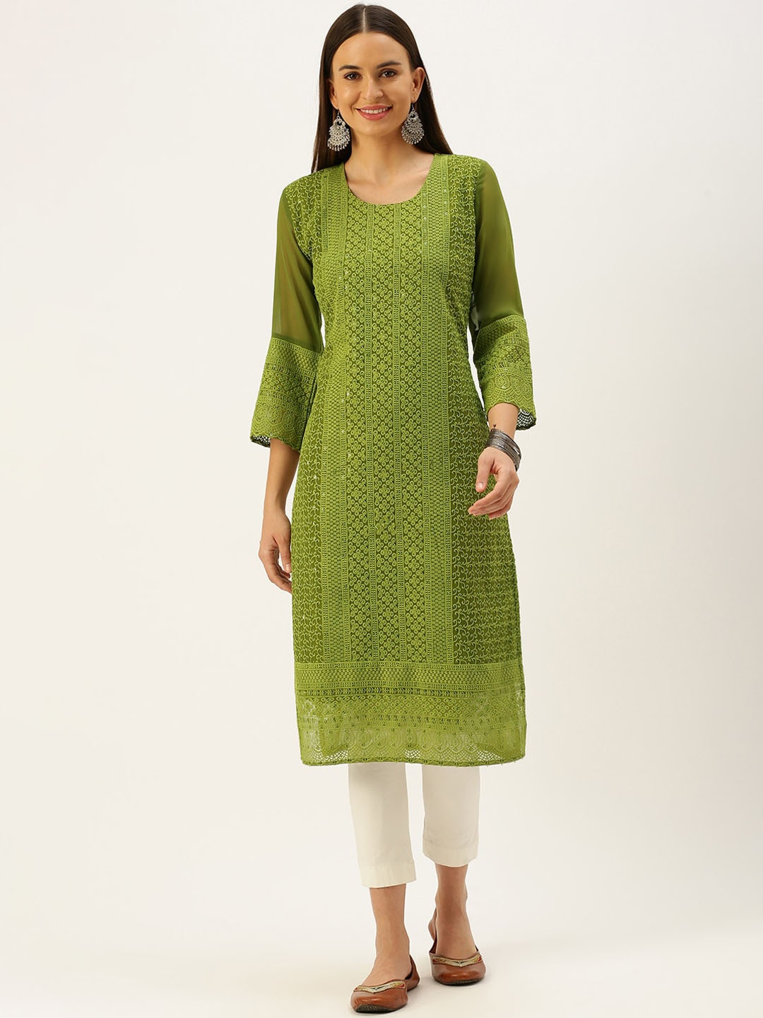 

all about you Olive Green Geometric Embroidered Thread Work Georgette Straight Kurta