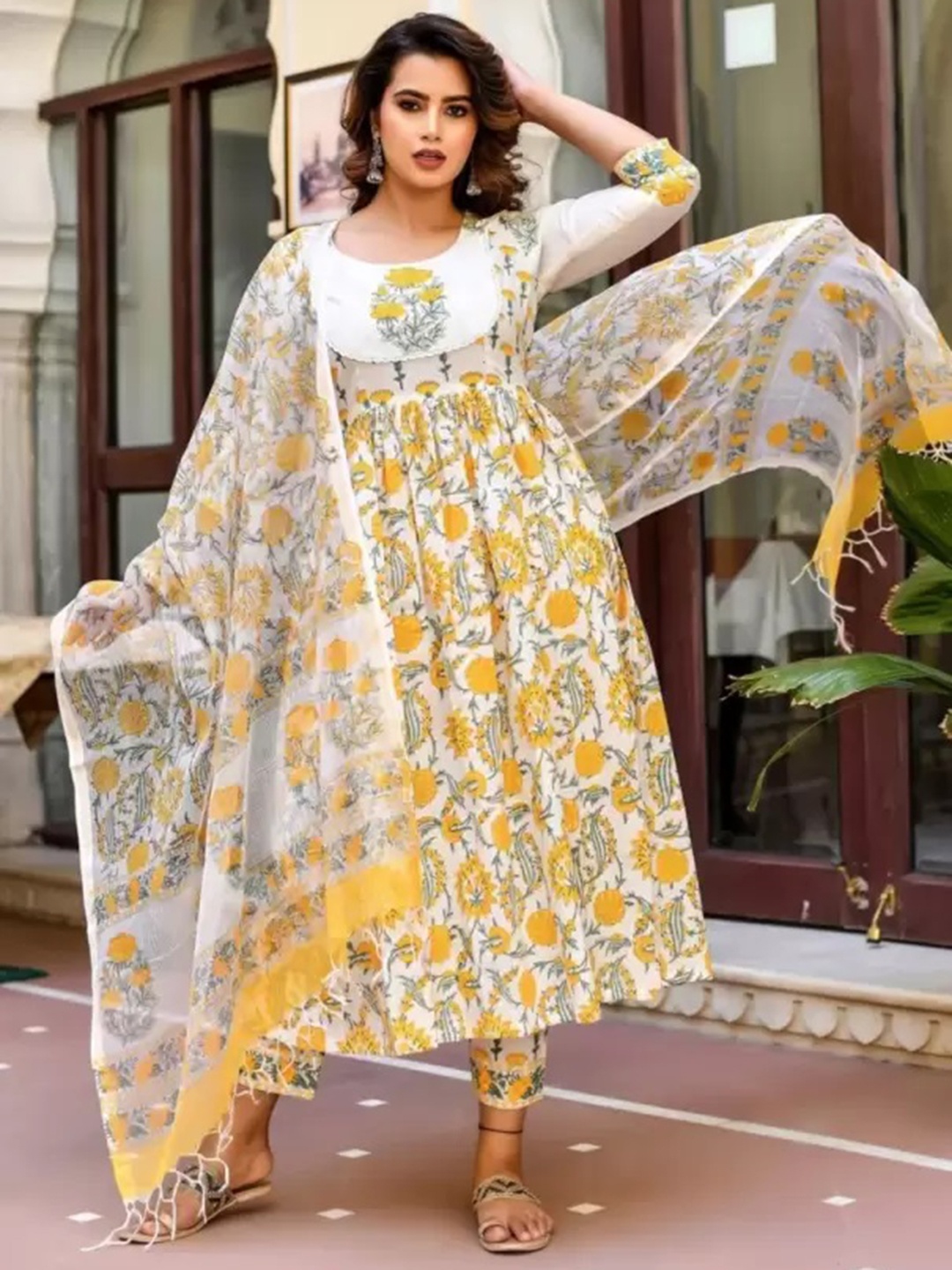 

Fashion Basket Floral Printed Anarkali Jute Cotton Kurta With Trousers & Dupatta, White