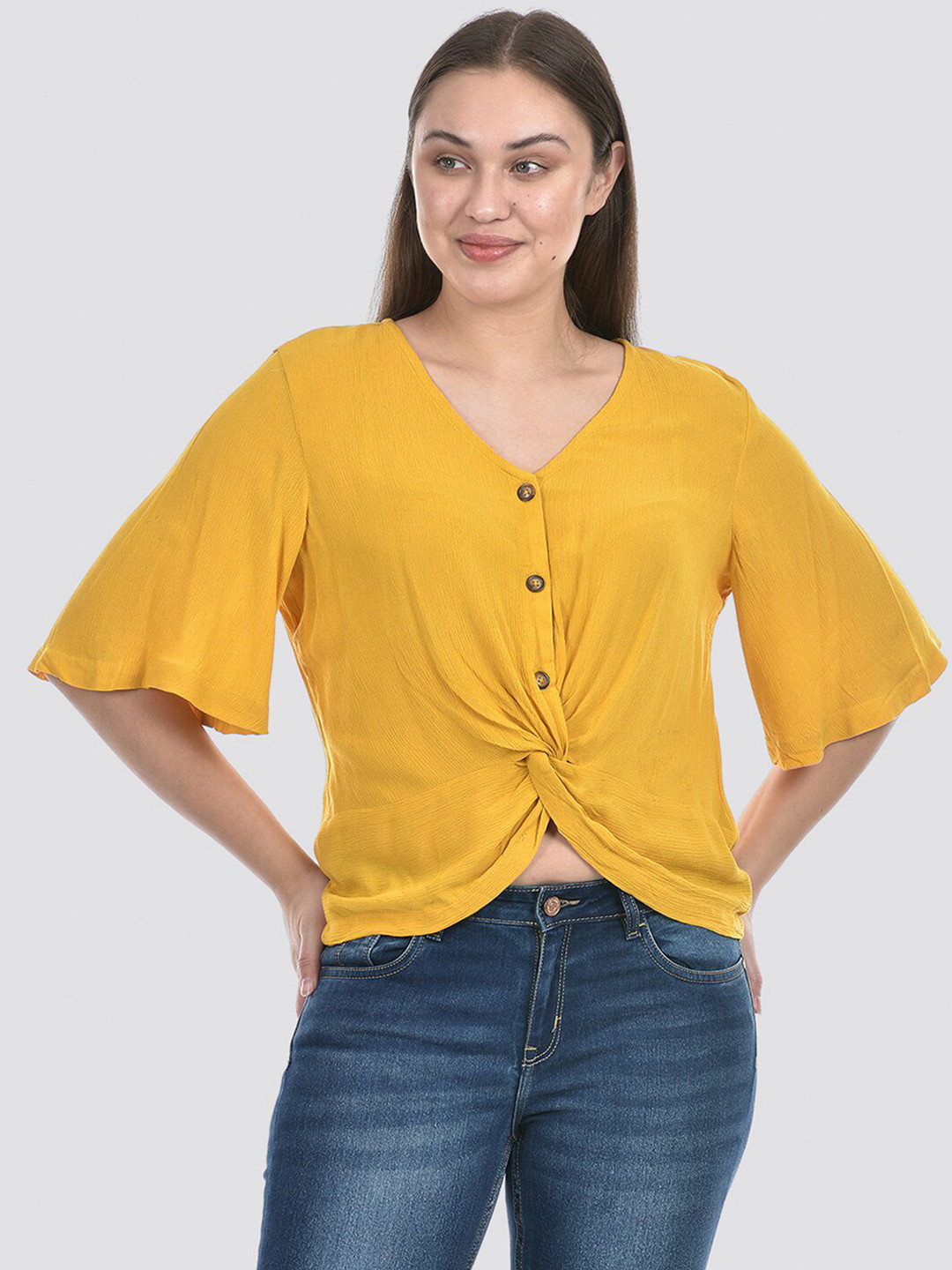 

Numero Uno V-Neck Cotton Shirt Style Top, Yellow