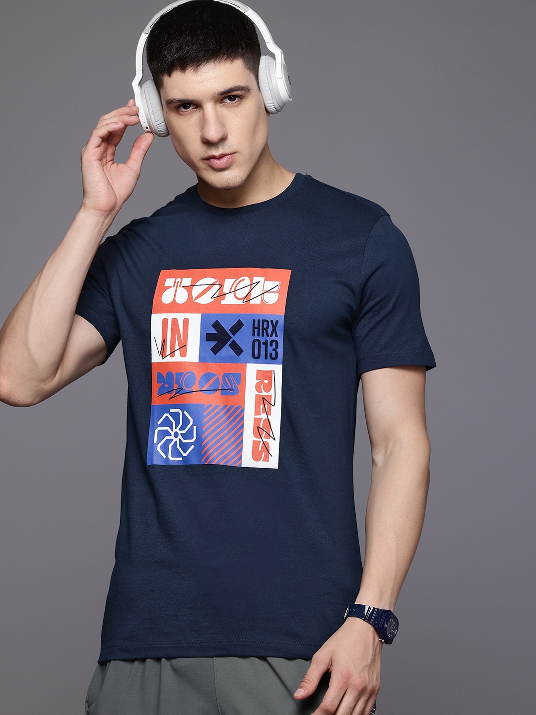 

HRX by Hrithik Roshan Printed Pure Cotton T-shirt, Blue