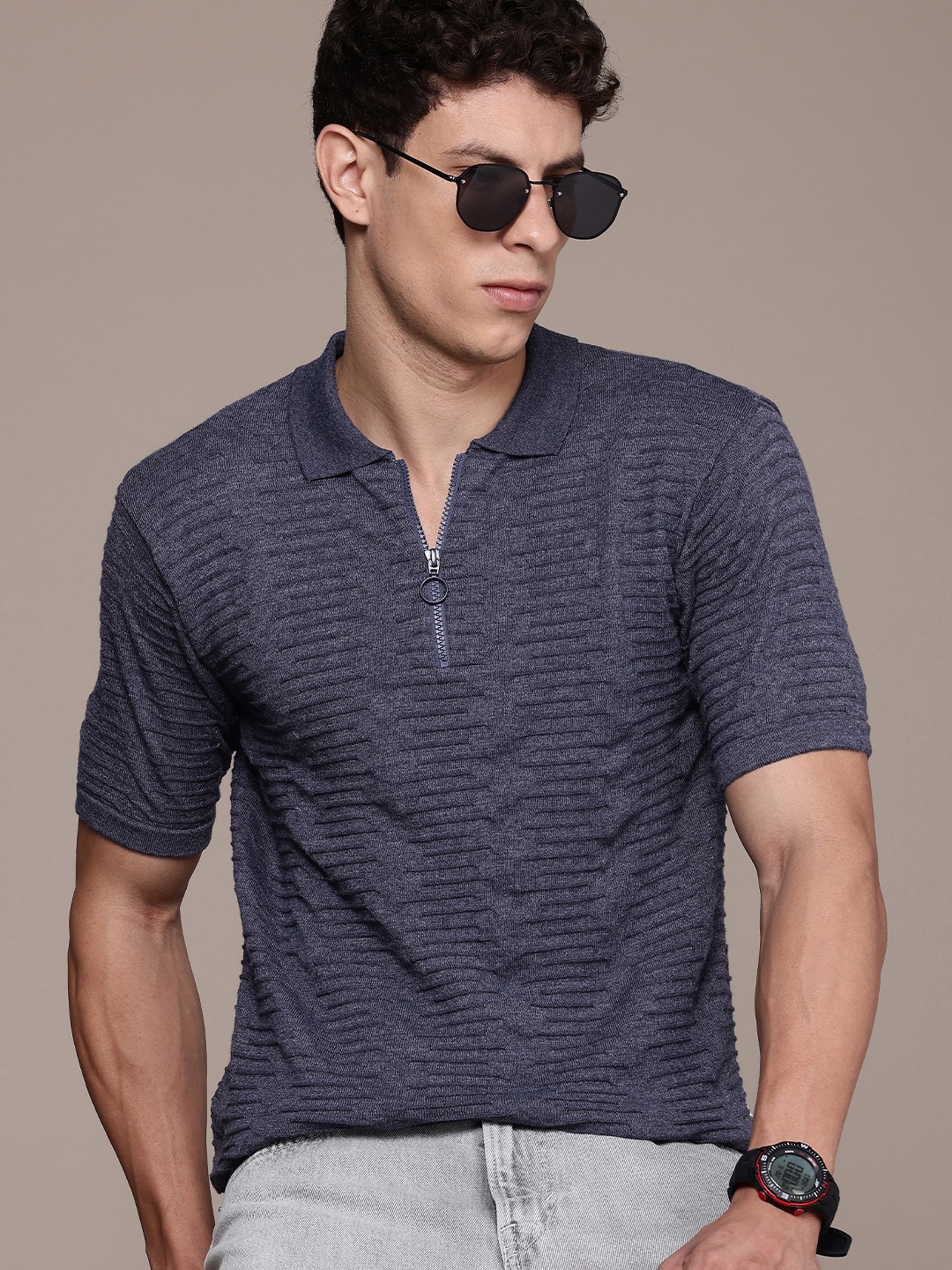 

Roadster Men Self Design Polo Collar T-shirt, Navy blue
