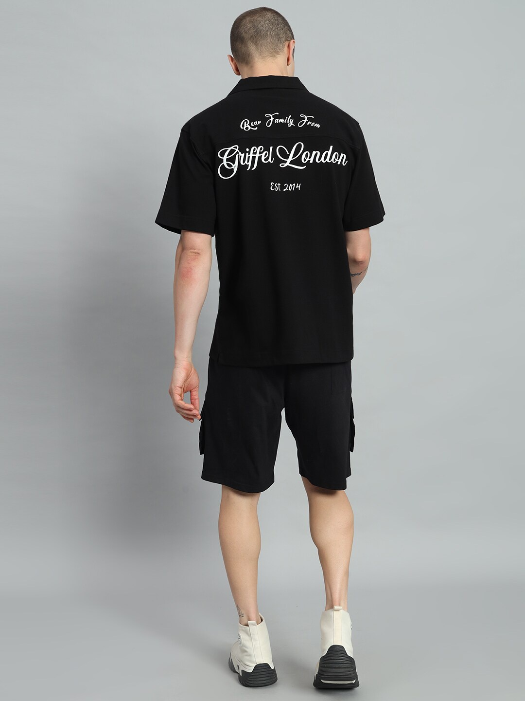 

GRIFFEL Typography Printed Pure Cotton Shirt With Shorts, Black