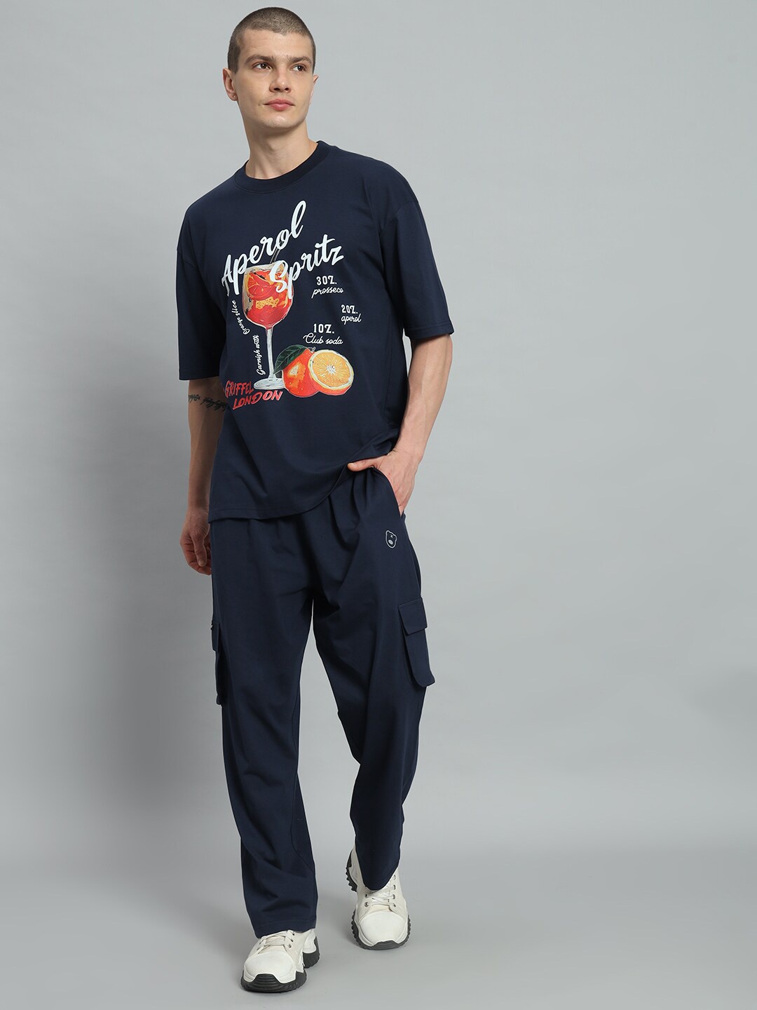 

GRIFFEL Typography Printed Pure Cotton T-Shirt With Trousers Co-Ords, Navy blue