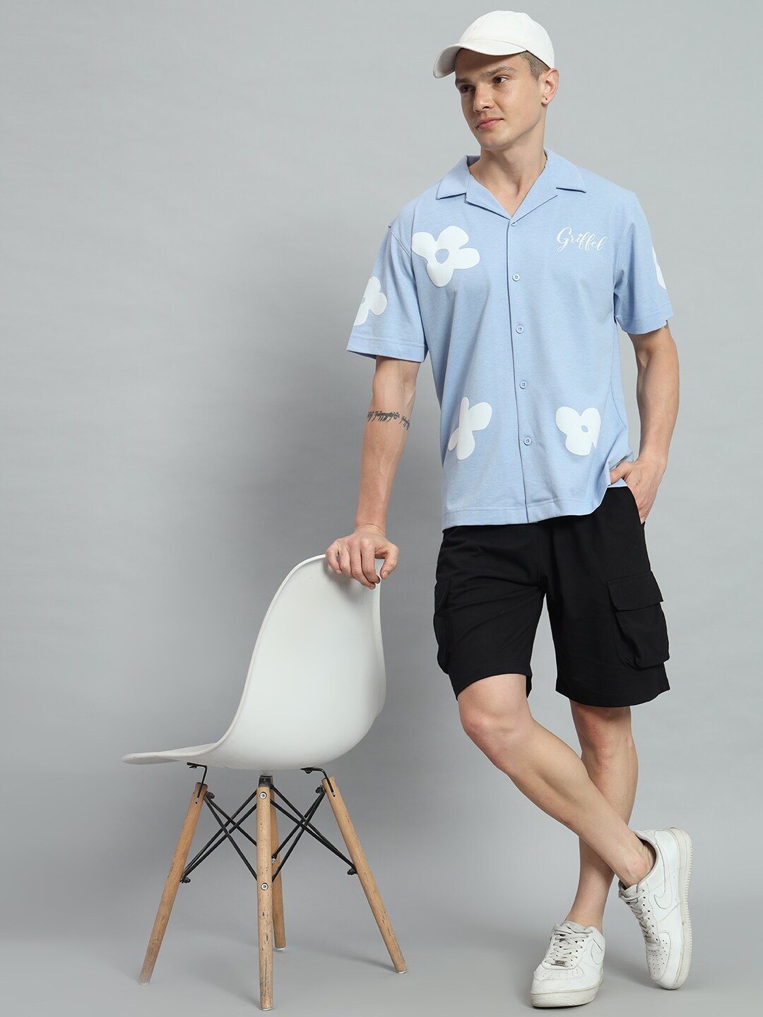 

GRIFFEL Floral Printed Pure Cotton Shirt & Shorts, Turquoise blue