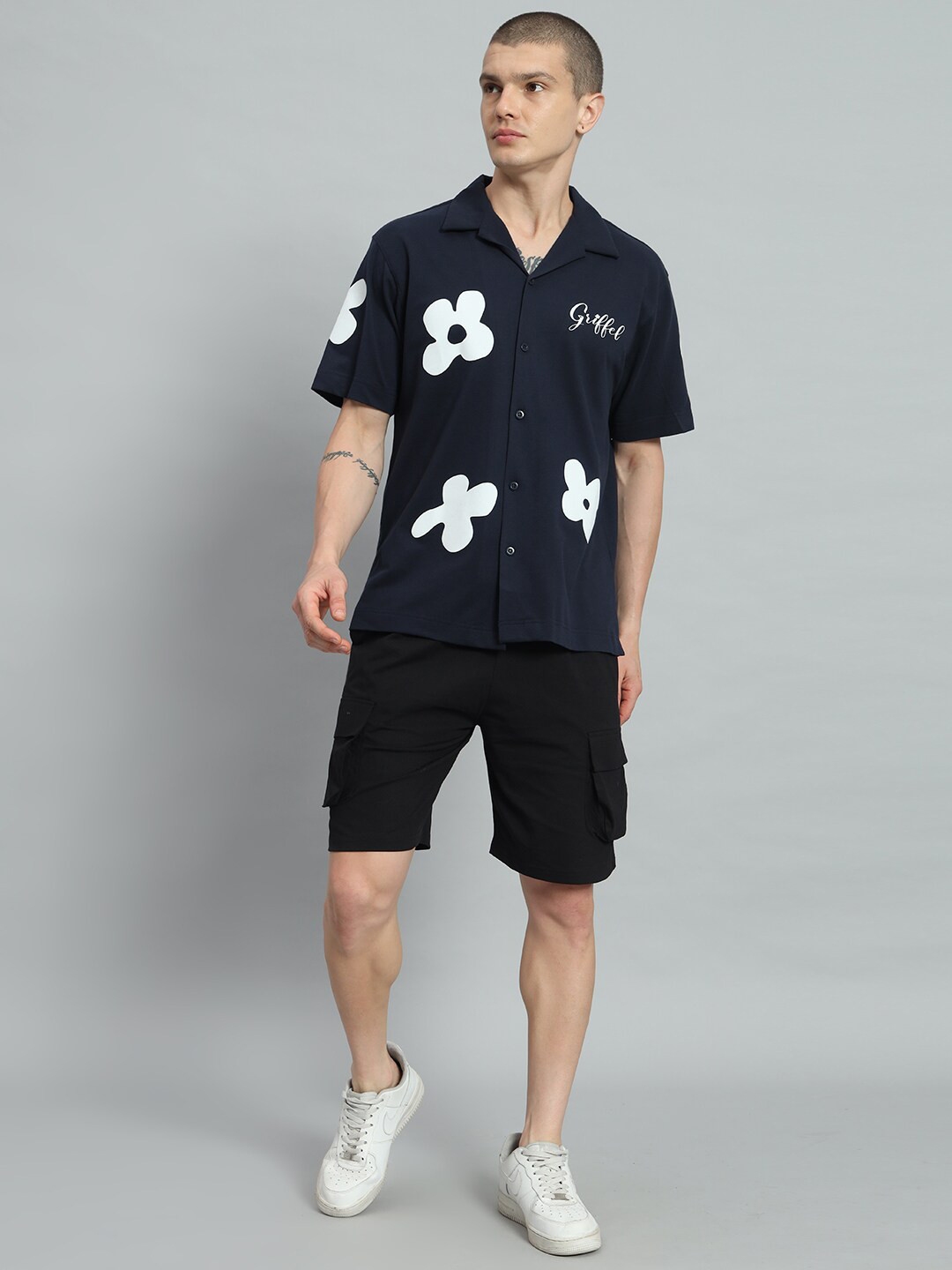 

GRIFFEL Printed Pure Cotton Shirt With Shorts Co-Ords, Navy blue