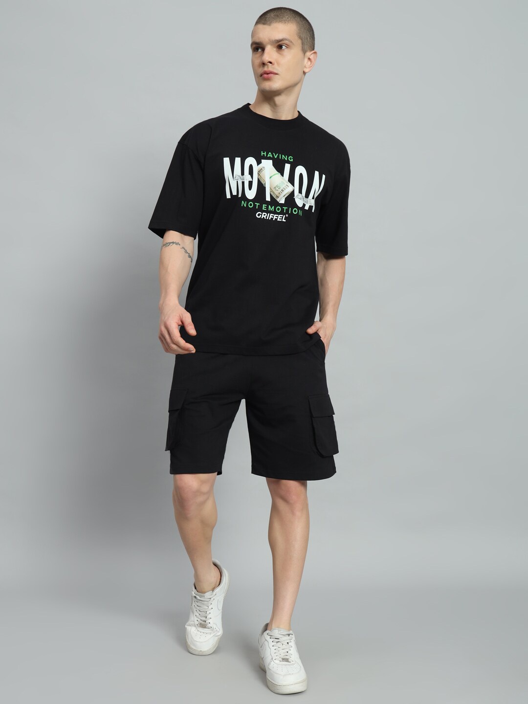 

GRIFFEL Typography Printed Pure Cotton T shirt & Trouser, Black