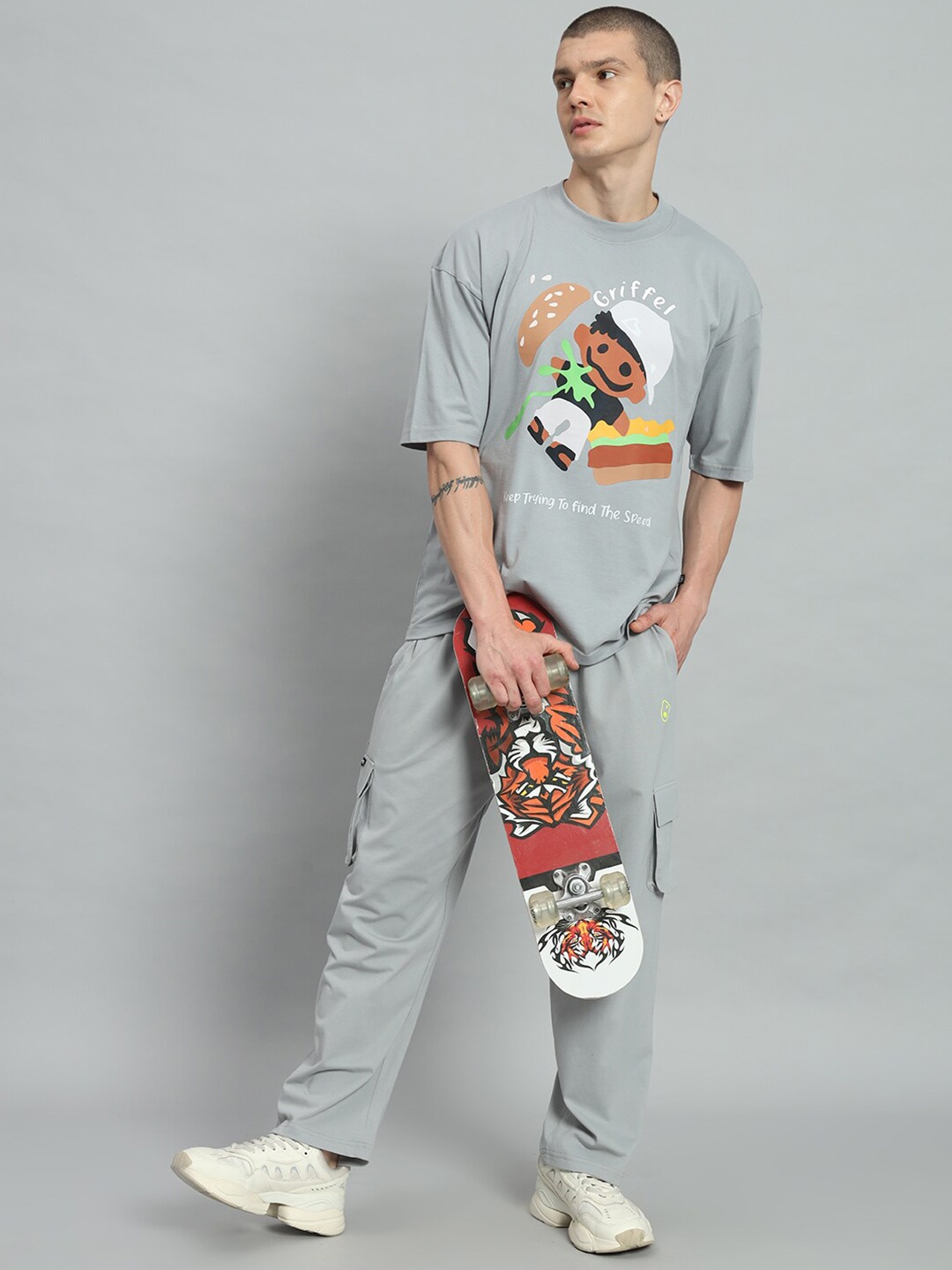 

GRIFFEL Printed Pure Cotton T-Shirt With Trousers, Grey