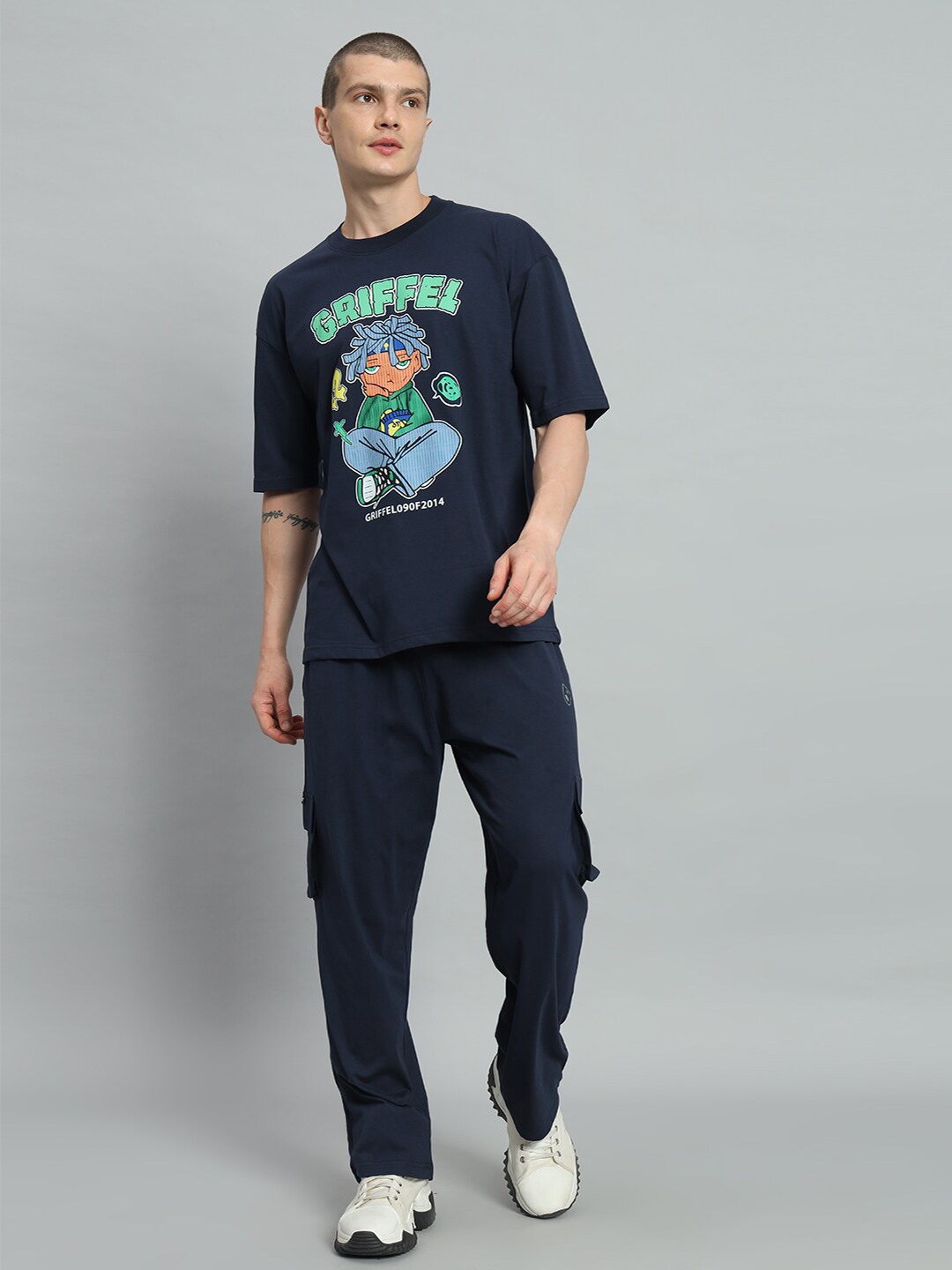 

GRIFFEL Anime Printed Pure Cotton T-Shirt With Trouser, Navy blue