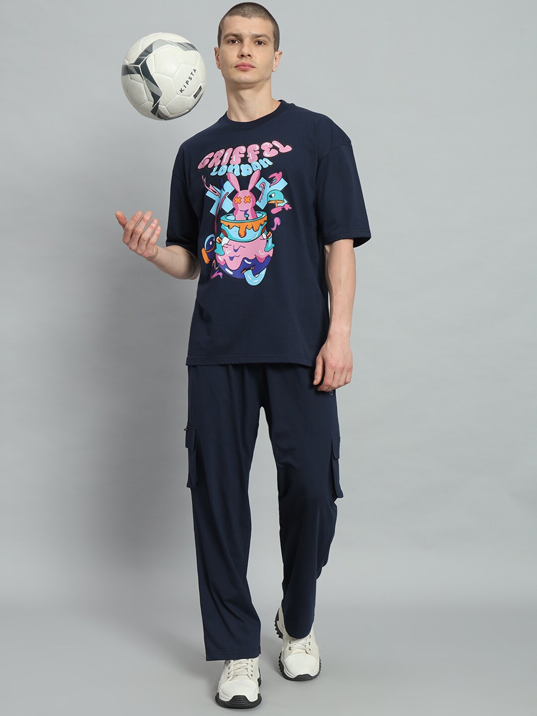 

GRIFFEL Printed Cotton Oversized Cotton T-shirt with Trousers, Navy blue