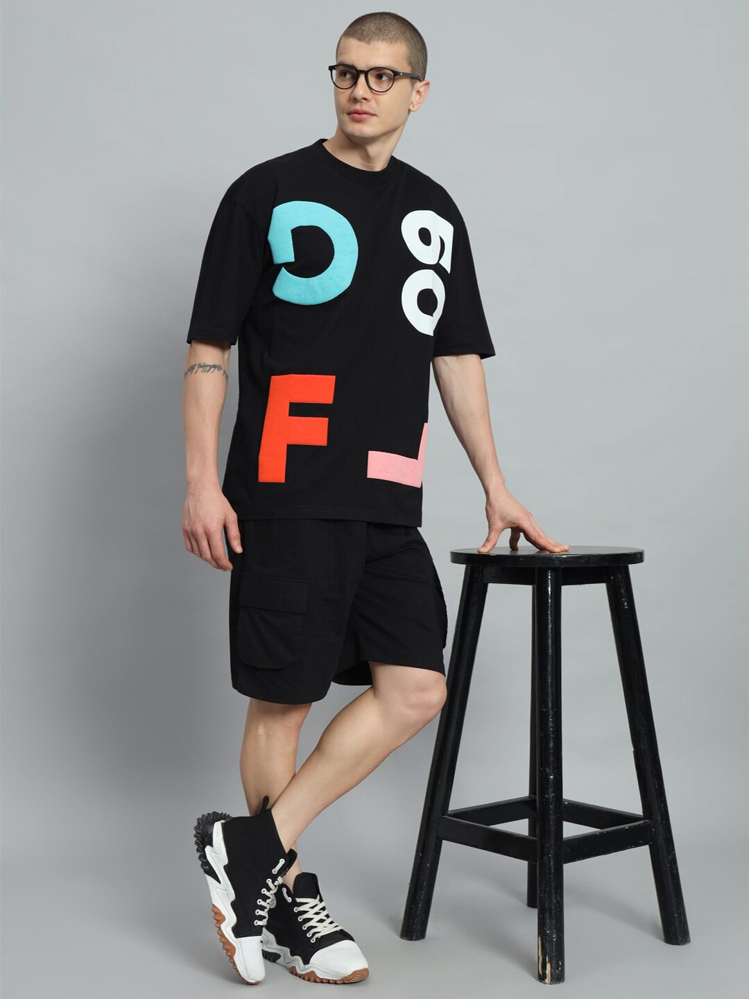 

GRIFFEL Typography Printed Pure Cotton T shirt & Shorts, Black