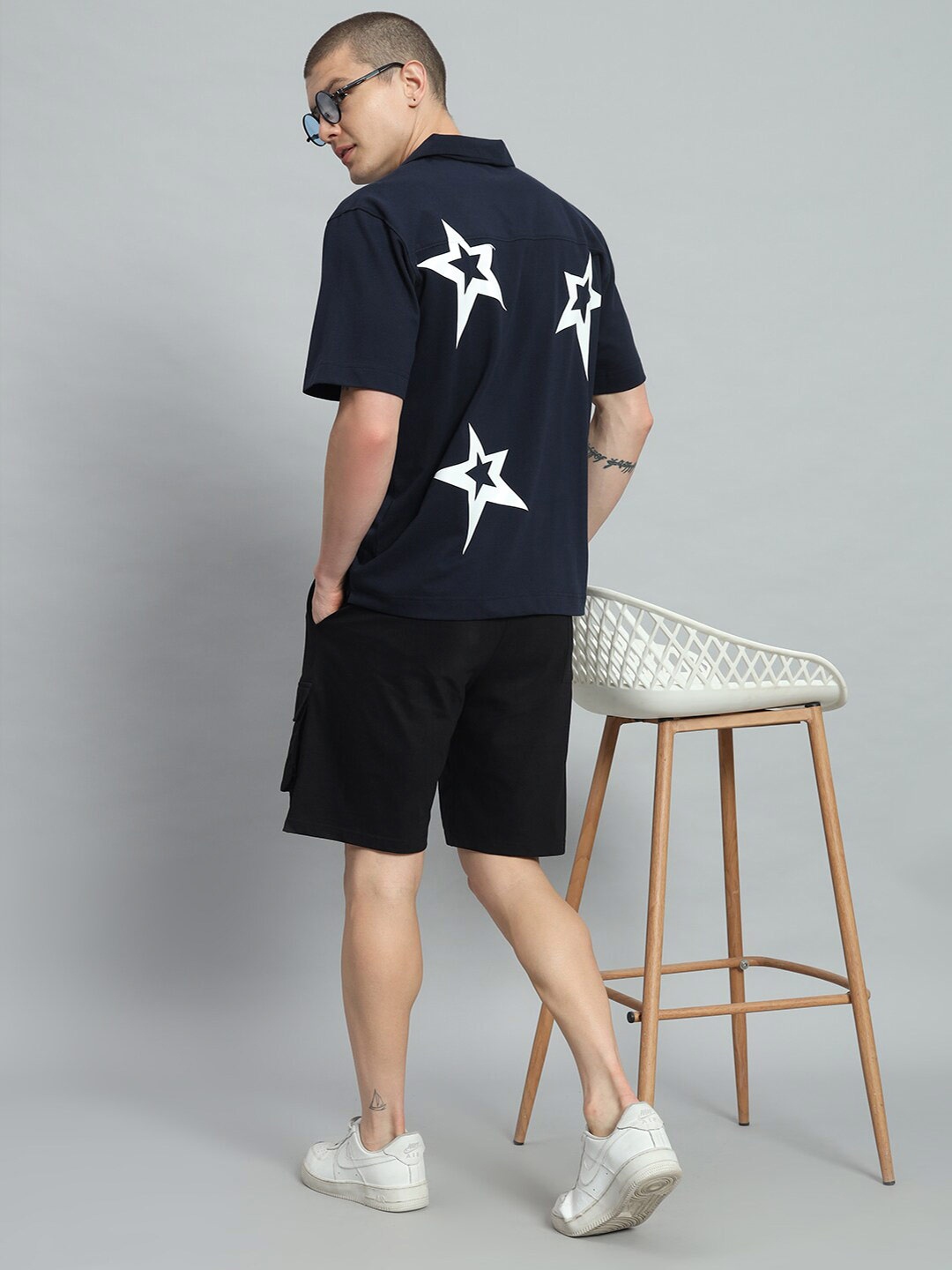 

GRIFFEL Printed Pure Cotton Shirt With Shorts Co-Ords, Navy blue