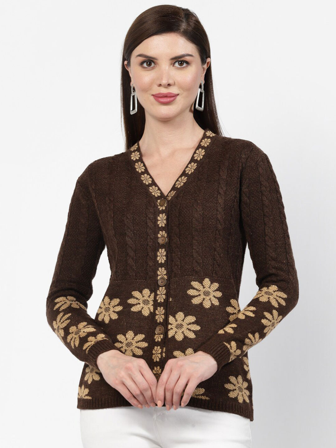 

Kalt Floral Self Design V-Neck Long Sleeves Cardigan, Coffee brown