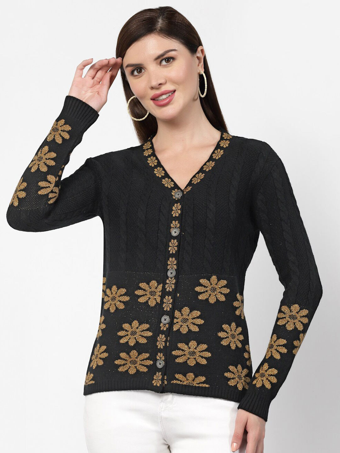 

Kalt Cable Knit Self Design V-Neck Long Sleeves Cardigan, Black