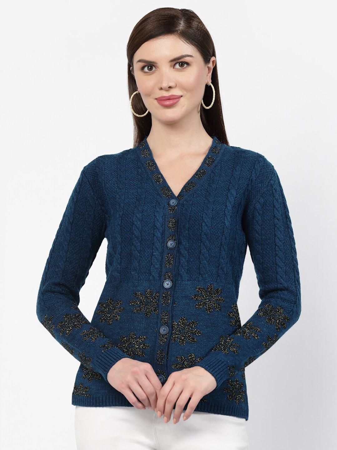 

Kalt Cable Knit Self Design V-Neck Long Sleeves Cardigan, Teal