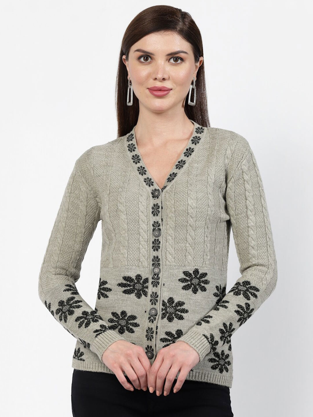 

Kalt Floral Self Design V-Neck Long Sleeves Cardigan, Grey melange