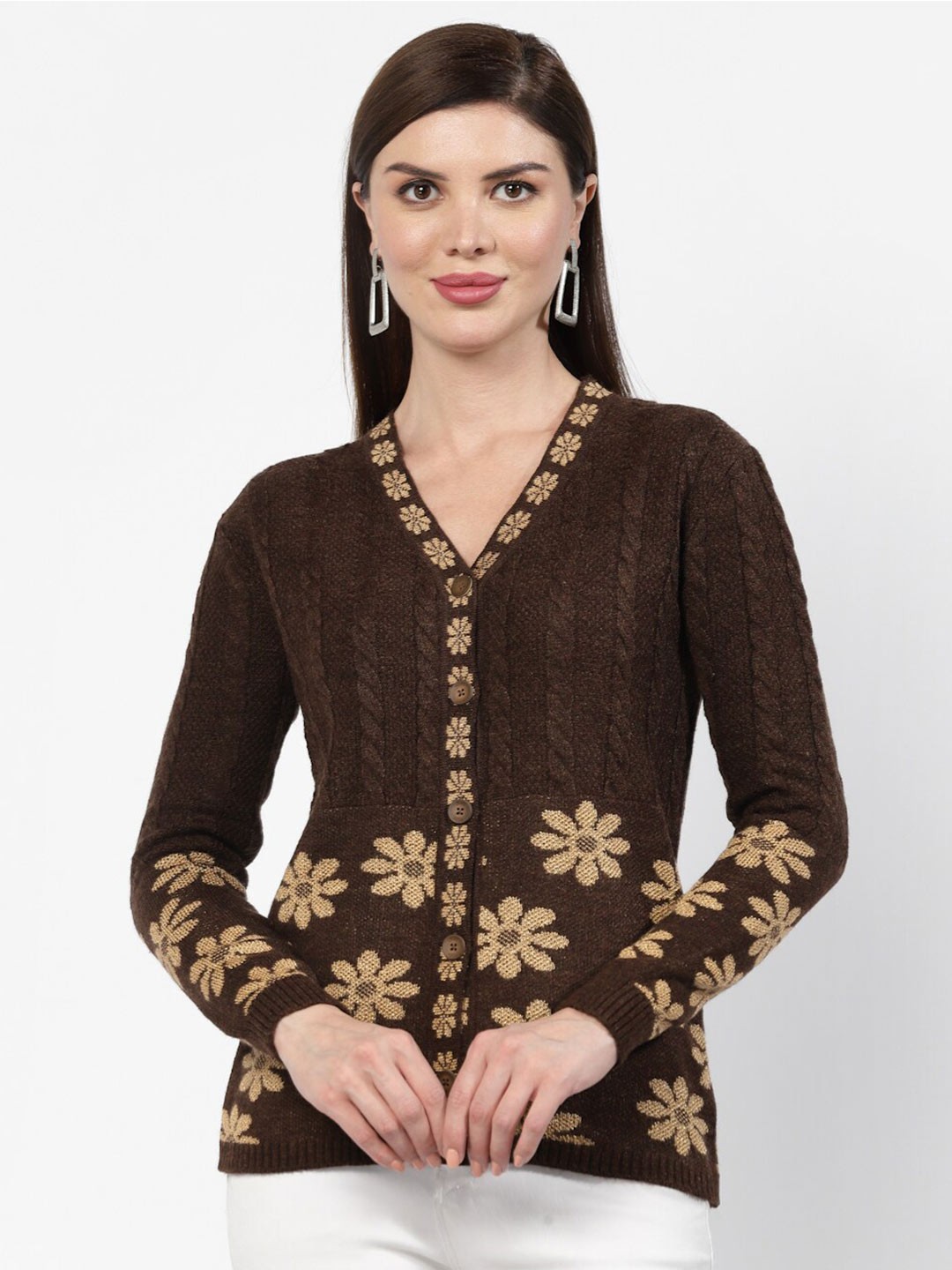 

Kalt Floral Self Design V-Neck Long Sleeves Cardigan, Coffee brown
